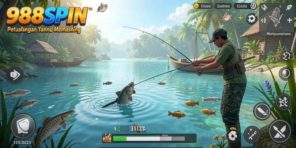Screenshot gameplay 988SPIN menampilkan aksi seru saat memancing ikan.