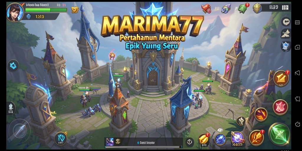 Tampilan gameplay MARIMA77 yang menampilkan pertahanan menara yang intens.