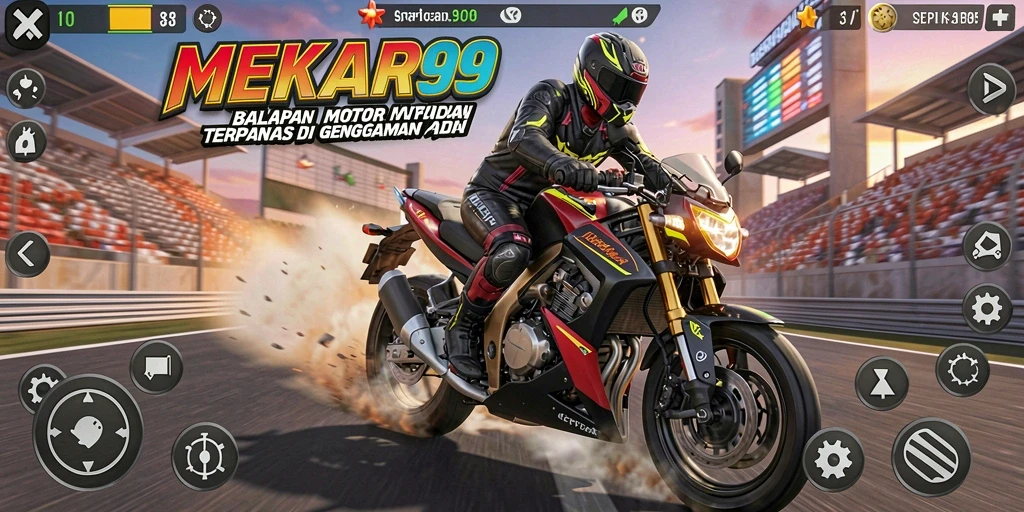 Screenshot MEKAR99 menampilkan aksi balapan motor yang mendebarkan.