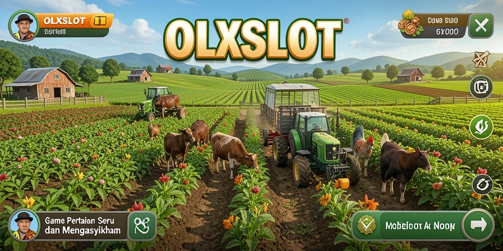 Screenshot gameplay OLXSLOT menampilkan pertanian yang subur dan interaktif.