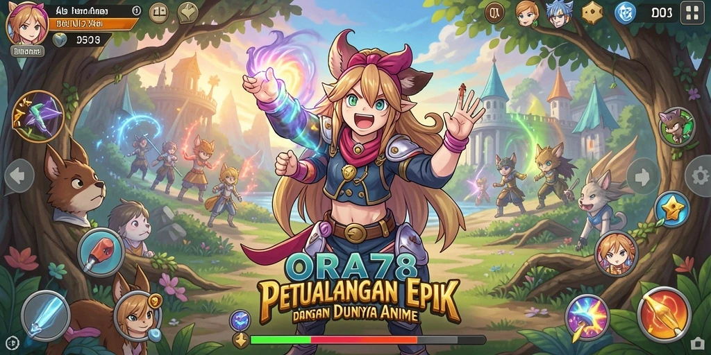 Tangkapan layar utama ORA78 menampilkan aksi penuh warna dalam dunia Anime