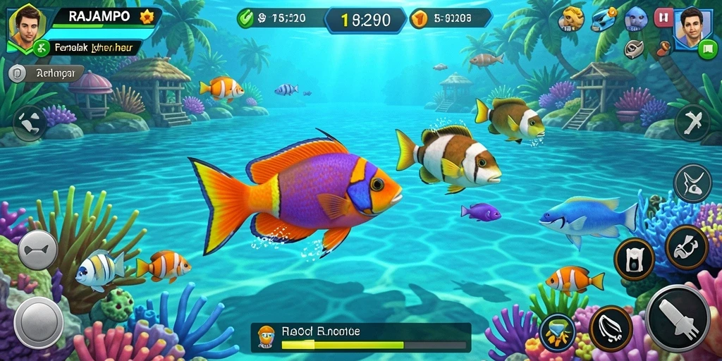 Screenshot gameplay RAJAMPO dengan aksi menembak ikan yang seru.