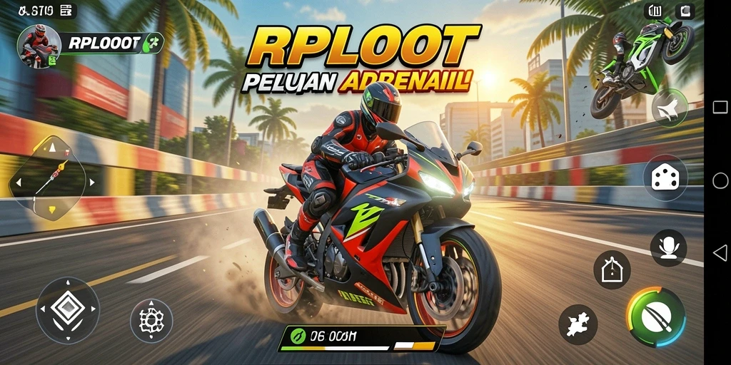 Screenshot utama RPLOOT menampilkan aksi balapan motor yang mendebarkan.