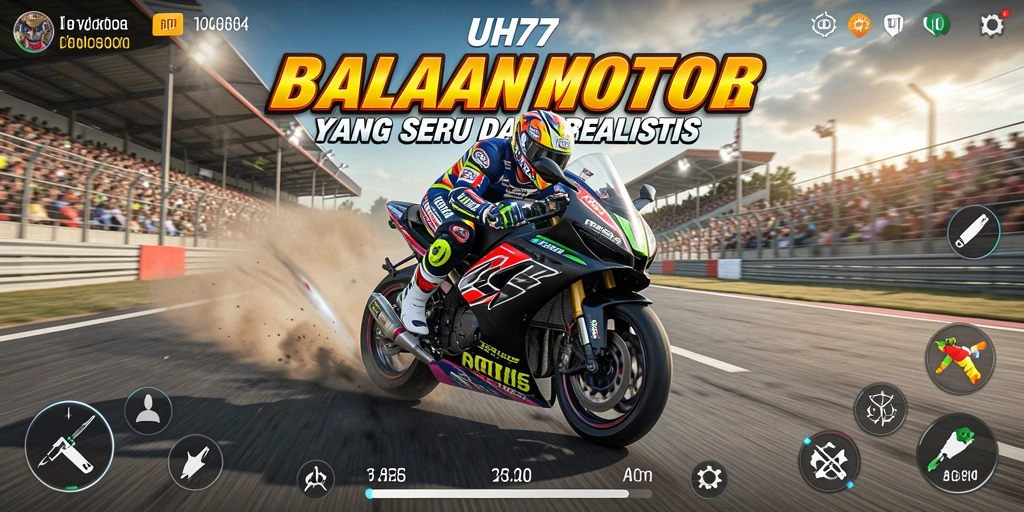 Tampilan gameplay UH77 dengan motor balap yang cepat dan lintasan menantang.